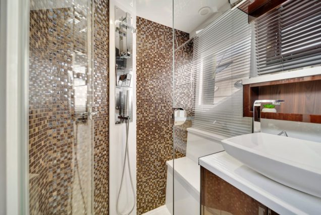 Modern 53FT Galeon Miami luxury washroom with modern fittings and elegant styling