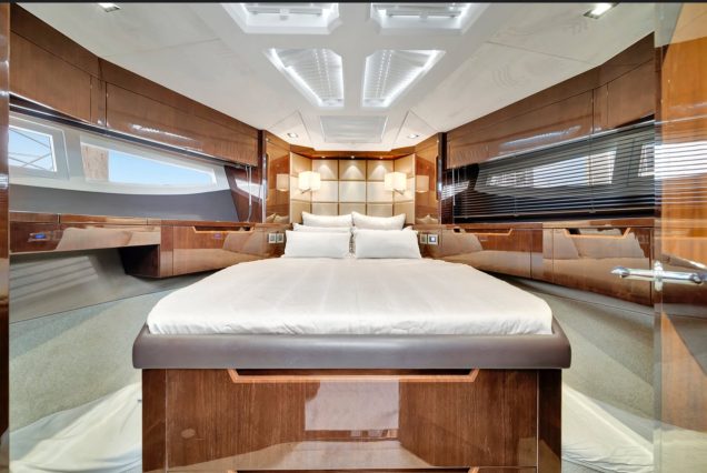 Modern 53FT Galeon Miami spacious master bedroom designed for relaxation and comfort at sea