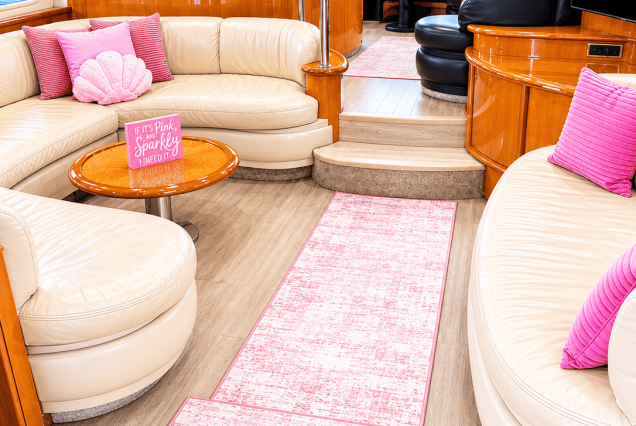 AZIMUT Victoria 70ft Pink Miami sophisticated indoor salon with plush seating and contemporary décor