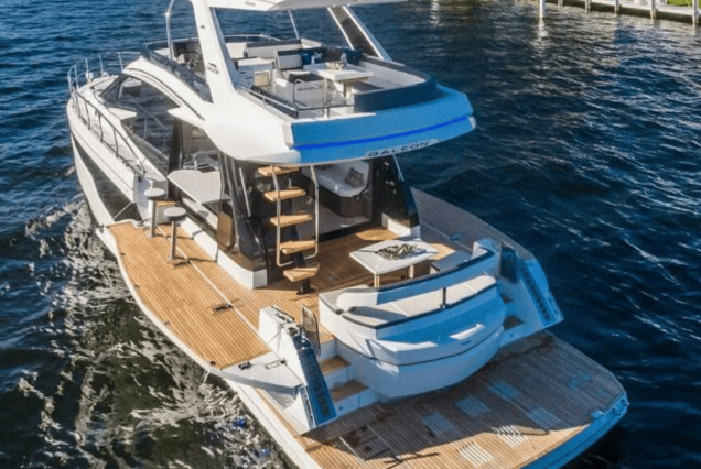 Modern 53FT Galeon Miami swim platform with convenient access to the water