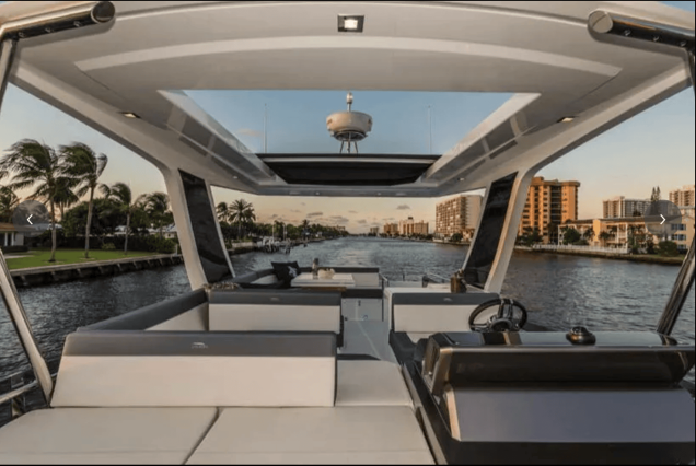 Modern 53FT Galeon Miami upper deck designed for open-air cruising and relaxation