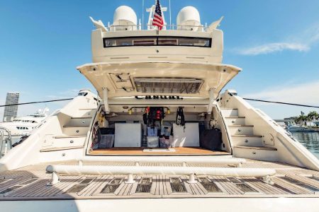 Luxury 110ft Dominator Senay Miami grand boarding entrance with access to all decks