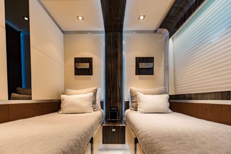 Luxury 110ft Dominator Senay Miami guest cabin with refined interiors and premium sleeping comfort