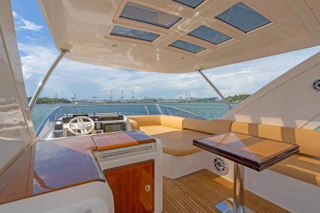 65ft Azimut Ram upper deck lounge with table Miami Marina sunset cruise