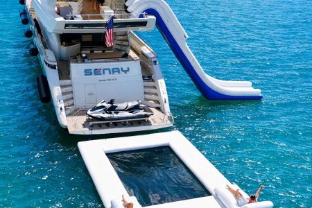 Luxury 110ft Dominator Senay Miami large swim platform with seamless water access and premium water activities.